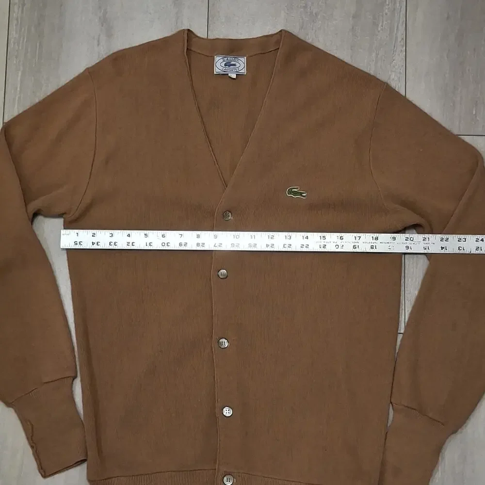 Vtg IZOD Lacoste 1970s Tan Knit Men’s Button Cardigan Sweater Sz L Kurt Cobain